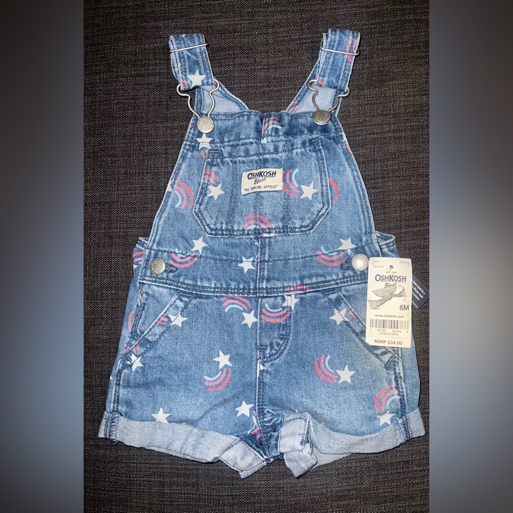 NWT OshKosh B'gosh Baby 6 months Denim Overall Shorts Fireworks Stars